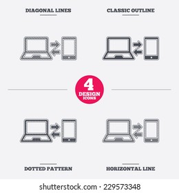 Synchronization sign icon. Notebook with smartphone sync symbol. Data exchange. Diagonal and horizontal lines, classic outline, dotted texture. Pattern design icons.  Vector