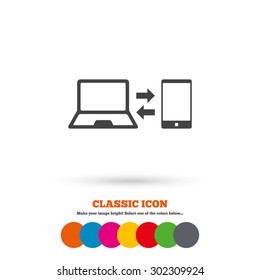Synchronization sign icon. Notebook with smartphone sync symbol. Data exchange. Classic flat icon. Colored circles. Vector