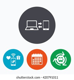 Synchronization sign icon. Notebook with smartphone sync symbol. Data exchange. Mobile payments, calendar and wifi icons. Bus shuttle.
