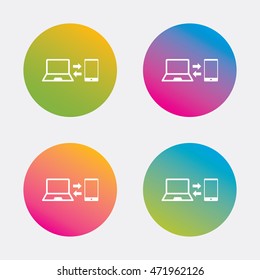 Synchronization sign icon. Notebook with smartphone sync symbol. Data exchange. Gradient flat buttons with icon. Modern design. Vector