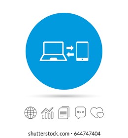 Synchronization sign icon. Notebook with smartphone sync symbol. Data exchange. Copy files, chat speech bubble and chart web icons. Vector