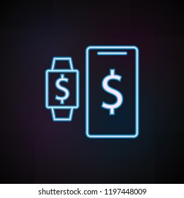 synchronization with smart watches icon in neon style. One of Mobile banking collection icon can be used for UI, UX