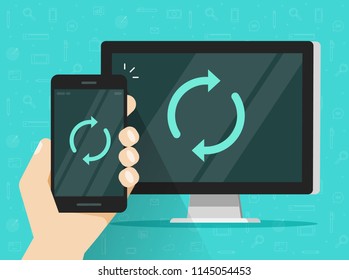 Synchronization Of Smartphone And Computer Vector Illustration, Flat Cartoon Mobile Phone And Pc With Synch Icon On Screen, Idea Of Data Update, Devices Connection