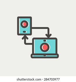 Synchronization smartphone with laptop icon thin line for web and mobile, modern minimalistic flat design. Vector icon with dark grey outline and offset colour on light grey background.