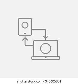 Synchronization smartphone with laptop line icon for web, mobile and infographics. Vector dark grey icon isolated on light grey background.