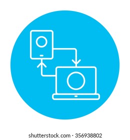 Synchronization smartphone with laptop line icon for web, mobile and infographics. Vector white icon on the light blue circle isolated on white background.