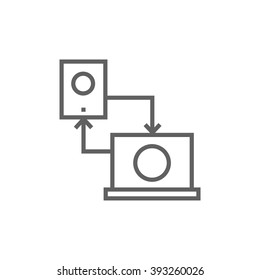 Synchronization smartphone with laptop line icon.