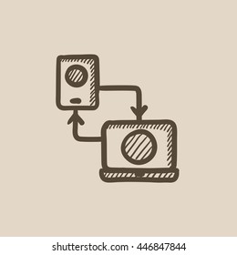 Synchronization smartphone with laptop vector sketch icon isolated on background. Hand drawn Synchronization smartphone with laptop icon. Synchronization sketch icon for infographic, website or app.