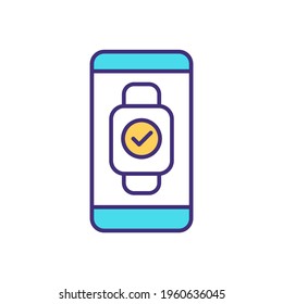Synchronization smartwatch with phone RGB color icon. Process and data synch mode. Systems coordination. Sharing access to fields and objects. Devices pairing. Isolated vector illustration