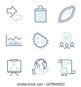 Synchronize, Cocoa nut and Vision board line icons set. Diploma certificate, save planet, group of people. Bacteria, Trade infochart and Shopping bag signs. Vector