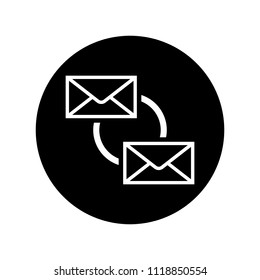 Synchronize icon in black circle. Email sync symbol in flat style isolated on white background. Simple e-mail synchronize abstract icon in black and white. Vector illustration for graphic design, Web.
