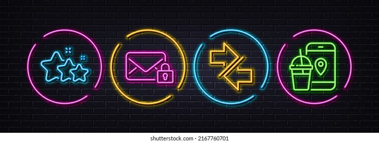 Synchronize, Secure mail and Stars minimal line icons. Neon laser 3d lights. Food app icons. For web, application, printing. Communication arrows, Private e-mail, Ranking stars. Meal order. Vector