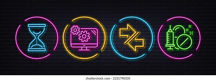 Synchronize, Settings and Time hourglass minimal line icons. Neon laser 3d lights. Medical drugs icons. For web, application, printing. Communication arrows, Cogwheel tool, Sand watch. Vector