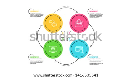 Synchronize, Web shop and Web mail icons simple set. Infographic timeline. Search calendar sign. Communication arrows, Shopping cart, World communication. Find date. Technology set. Vector