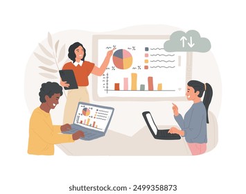 Synchronized access isolated cartoon vector illustrations. Group of people discussing plans together, synchronized access app, smart classes, data visualization, online learning vector cartoon.