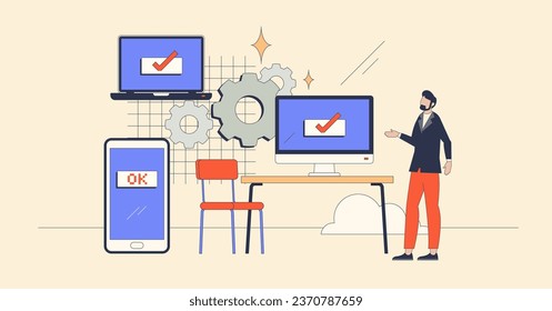 Synchronisiertes Business auf mehreren Web-Plattformen retro winzige Person-Konzept. Technologieverbindung mit Smartphone und Computer für die Integration von Firmendatenbanken, Vektorgrafik. Digitale Lösungen.