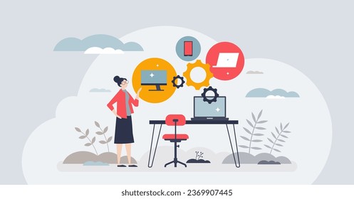 Synchronized business solutions with integrated system tiny person concept. Technology for effective database management and business connection vector illustration. Virtual server for all devices.