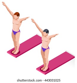 Synchronized Diving board Summer Games Icon Set. 3D Isometric Diver Sporting Competition Race. Sport International Championship Infographic. White Man Diving Vector Illustration