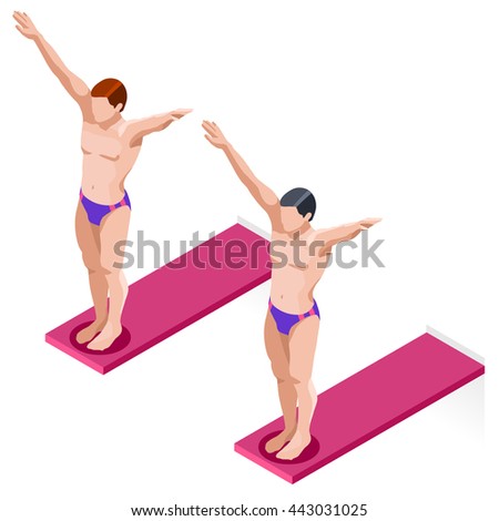 Synchronized Diving board Summer Games Icon Set. 3D Isometric Diver Sporting Competition Race. Sport International Championship Infographic. White Man Diving Vector Illustration