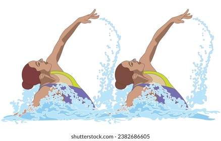 synchronized swimmers, duet in pose splashing out of water isolated on a white background