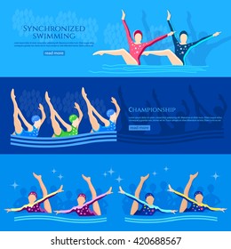 Banderas de baño sincronizadas de nadadores deportivos de agua ilustración vectorial del equipo