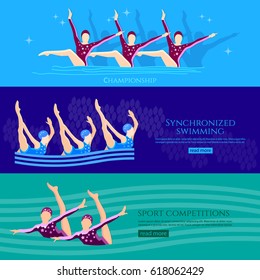 Synchronized swimming banners water sport. Professional athletes womens team of synchronized swimming perform in the water 