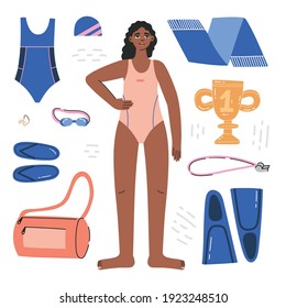 Synchronized swimming equipment guide. Isolated flat vector illustration with woman in swimsuit and necessary equipment such as goggles, nose clip, swimming slipper etc. Artistic swimming concept