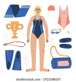 Synchronized swimming equipment guide. Isolated flat vector illustration with woman in swimsuit and necessary equipment such as goggles, nose clip, swimming slipper etc. Artistic swimming concept