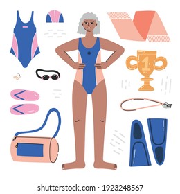 Synchronized swimming equipment guide. Isolated flat vector illustration with woman in swimsuit and necessary equipment such as goggles, nose clip, swimming slipper etc. Artistic swimming concept