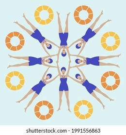 Synchronized swimming illustration. Swimmer ladies in blue swimwear figure floating.