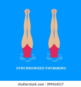 Synchronized swimming. Paired performances synchronized swimmers. Illustration of a flat style.