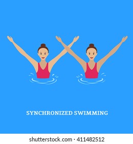 Synchronized swimming. Paired performances synchronized swimmers. Illustration of a flat style.