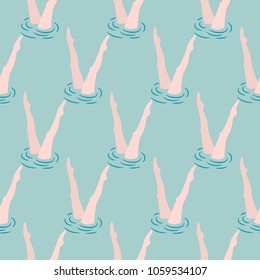 Synchronized swimming performance seamless vector pattern. Legs standing from water on blue background.