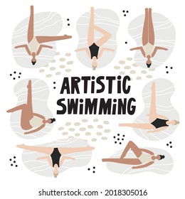 Synchronized swimming. A set with different positions. Isolated flat vector illustration with women, swimmers. Artistic swimming concept. Colorful background.