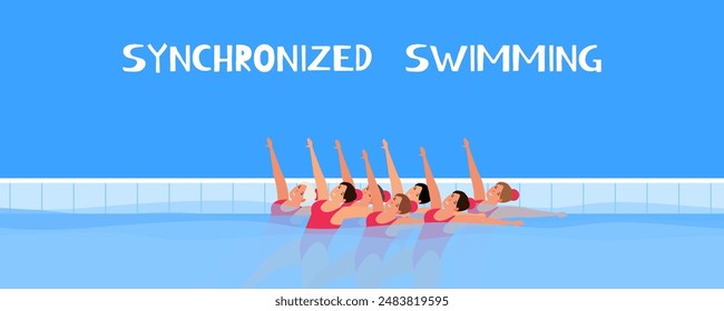 equipo femenino de competición deportiva de natación sincronizada en Ilustración vectorial de piscina