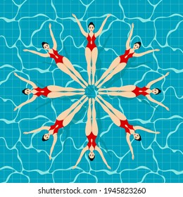 Synchronized swimming sport. Synchronized swimming lettering on a background with different swimmers.