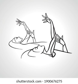 Synchronized swimming. Sport team line art vector illustration