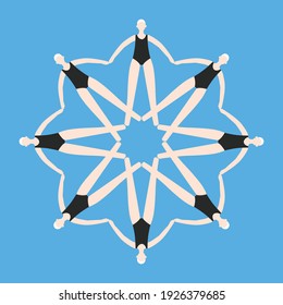 Synchronized swimming team. Group performance in the water. Vector illustration in flat style. Competitions or training in the swimming pool. Water sports concept.