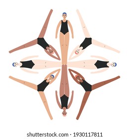 Synchronized swimming team. Group performance in the water. Vector illustration in flat style. Competitions or training in the swimming pool. Water sports concept.