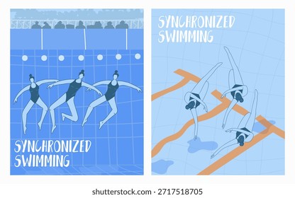 Equipos de natación sincronizados, rendimiento bajo el agua, carteles, juego de tarjetas. Ilustración vectorial dibujada a mano.