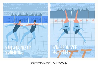 Equipos de natación sincronizados, rendimiento bajo el agua, carteles, juego de tarjetas. Ilustración vectorial dibujada a mano.