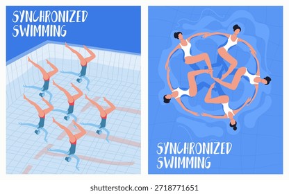 Equipos de natación sincronizados, rendimiento bajo el agua, carteles, juego de tarjetas. Ilustración vectorial dibujada a mano.