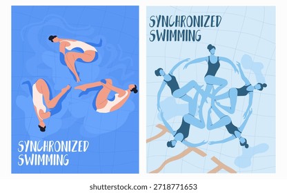 Equipos de natación sincronizados, rendimiento bajo el agua, carteles, juego de tarjetas. Ilustración vectorial dibujada a mano.