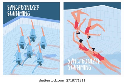 Equipos de natación sincronizados, rendimiento bajo el agua, carteles, juego de tarjetas. Ilustración vectorial dibujada a mano.