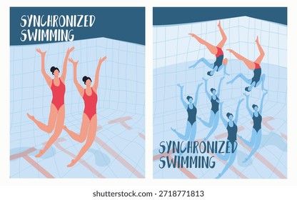 Equipos de natación sincronizados, rendimiento bajo el agua, carteles, juego de tarjetas. Ilustración vectorial dibujada a mano.
