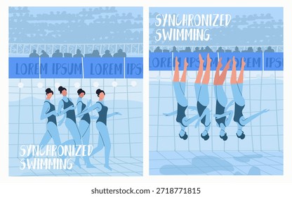 Equipos de natación sincronizados, rendimiento bajo el agua, carteles, juego de tarjetas. Ilustración vectorial dibujada a mano.