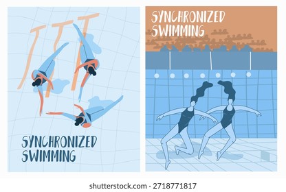 Equipos de natación sincronizados, rendimiento bajo el agua, carteles, juego de tarjetas. Ilustración vectorial dibujada a mano.