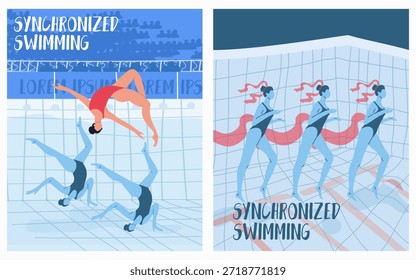 Equipos de natación sincronizados, rendimiento bajo el agua, carteles, juego de tarjetas. Ilustración vectorial dibujada a mano.