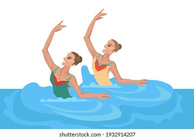 Natación sincronizada, dos niñas en la piscina, haciendo un ejercicio, bailando en el agua, cueva de deportistas. Ilustración de dibujos animados