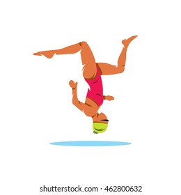 Synchronized swimming. Vector Cartoon Illustration. Swimmer upside perform exercises. Unusual Logo template isolated on a white background